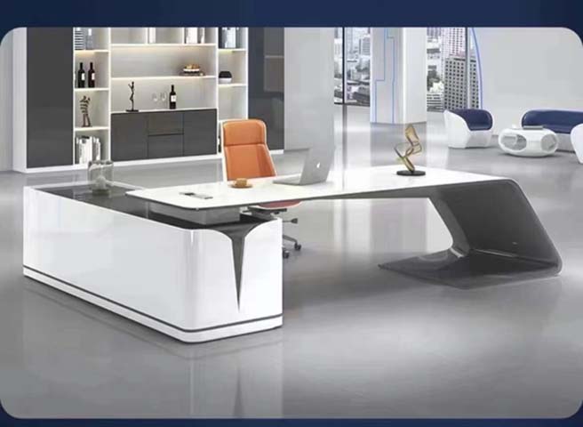 Modern High-Gloss L-Shaped Executive Office Desk with Cantilever Support