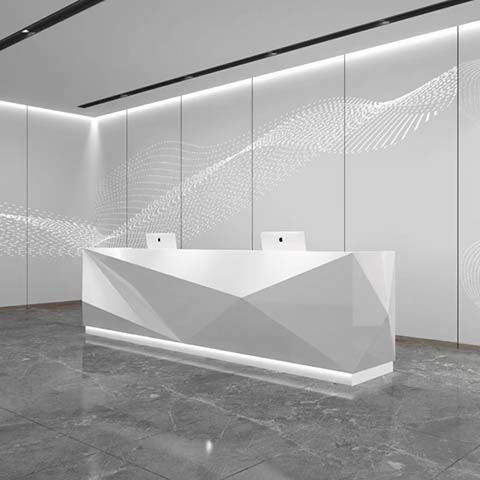 Modern Geometric Faceted White Commercial Reception Desk with LED Base Plinth