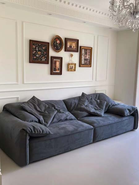 Dark Grey Matte Fabric Low-Profile Floor-Standing 4-Seater Sofa with Elephant-Ear Folded Arms