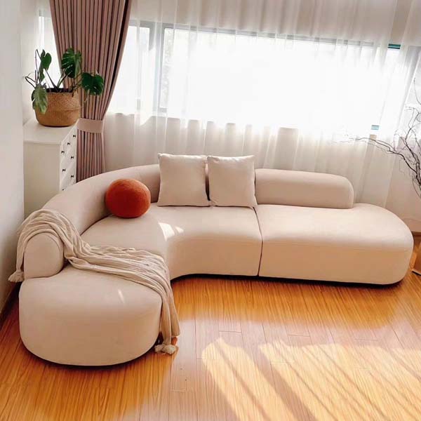 Left-Chaise Low-Profile Curved Sectional Sofa in Cream Upholstery