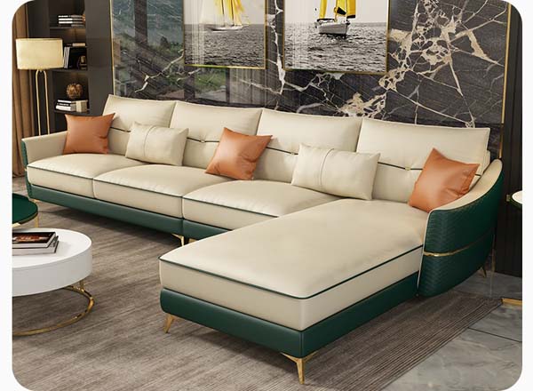 L-Shaped Right-Chaise Sectional Upholstered Sofa with Contrast Trim and Gold Metal Legs