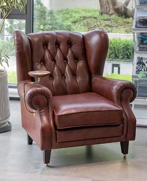 Tufted Brown Leather Wingback Cigar Lounge Armchair with Swivel Brass Ashtray Tray