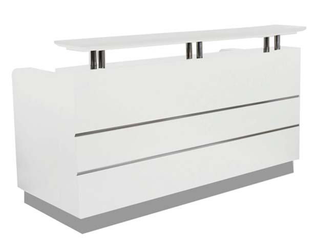 Modern Glossy White Straight Reception Desk with Raised Transaction Shelf