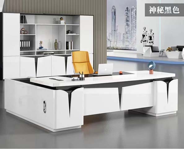 High Gloss White Black Geometric Plinth Base Executive Desk