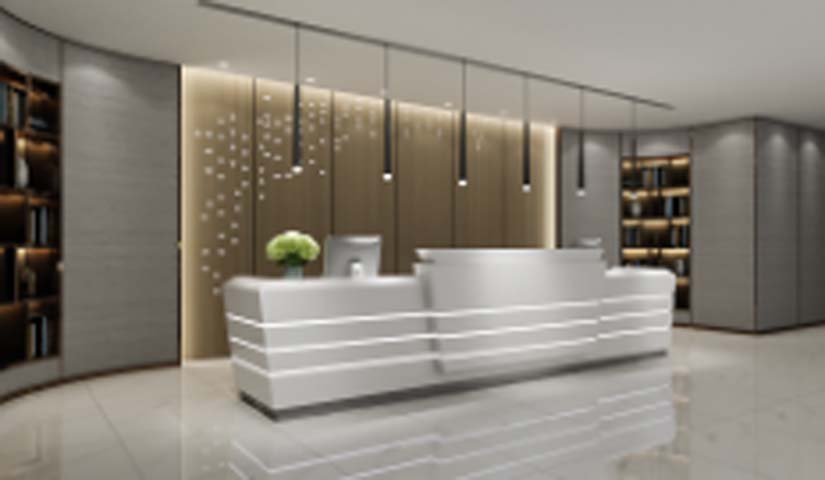 Multi-Station Tiered High-Gloss White Commercial Reception Desk