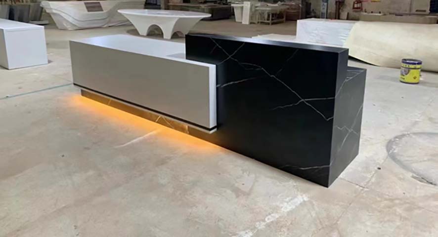 Asymmetrical L-Shaped Dual-Height Reception Desk with Base LED Lighting