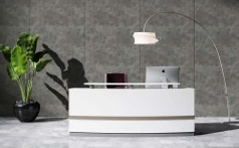 Modern High-Gloss White Office Reception Desk with Horizontal Metal Accent