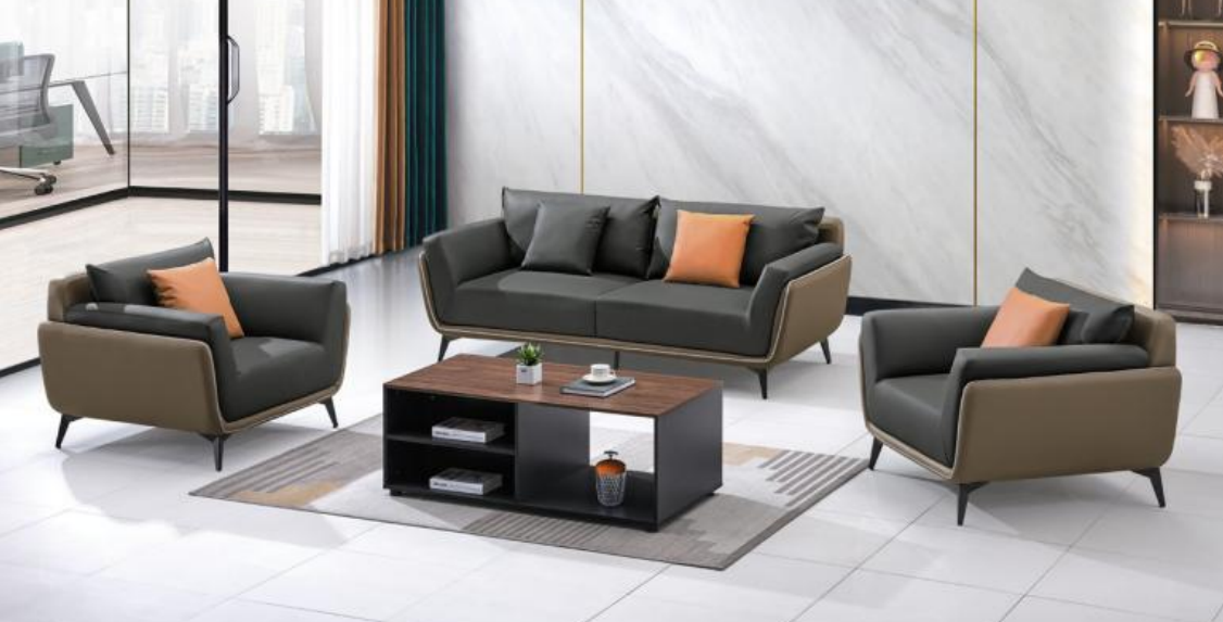 1+1+3 Configuration Two-Tone Dark Charcoal & Taupe Commercial Office Reception Sofa Set with Matching Walnut-Top Open Storage Coffee Table