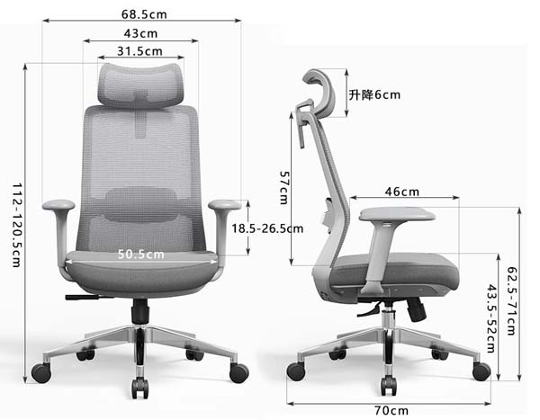 Grey Mesh Ergonomic Office Chair with Adjustable Headrest and Coat Hanger