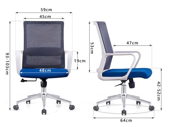 Mid-Back Mesh Office Task Chair with Light Gray Frame and Blue Padded Seat