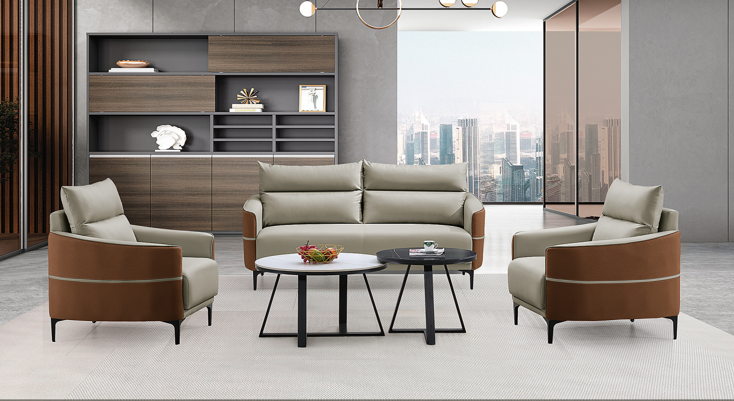 4-Piece Modern Two-Tone Office Reception Lounge Set (3-Seater Sofa + 2 Armchairs + 2 Nesting Coffee Tables)