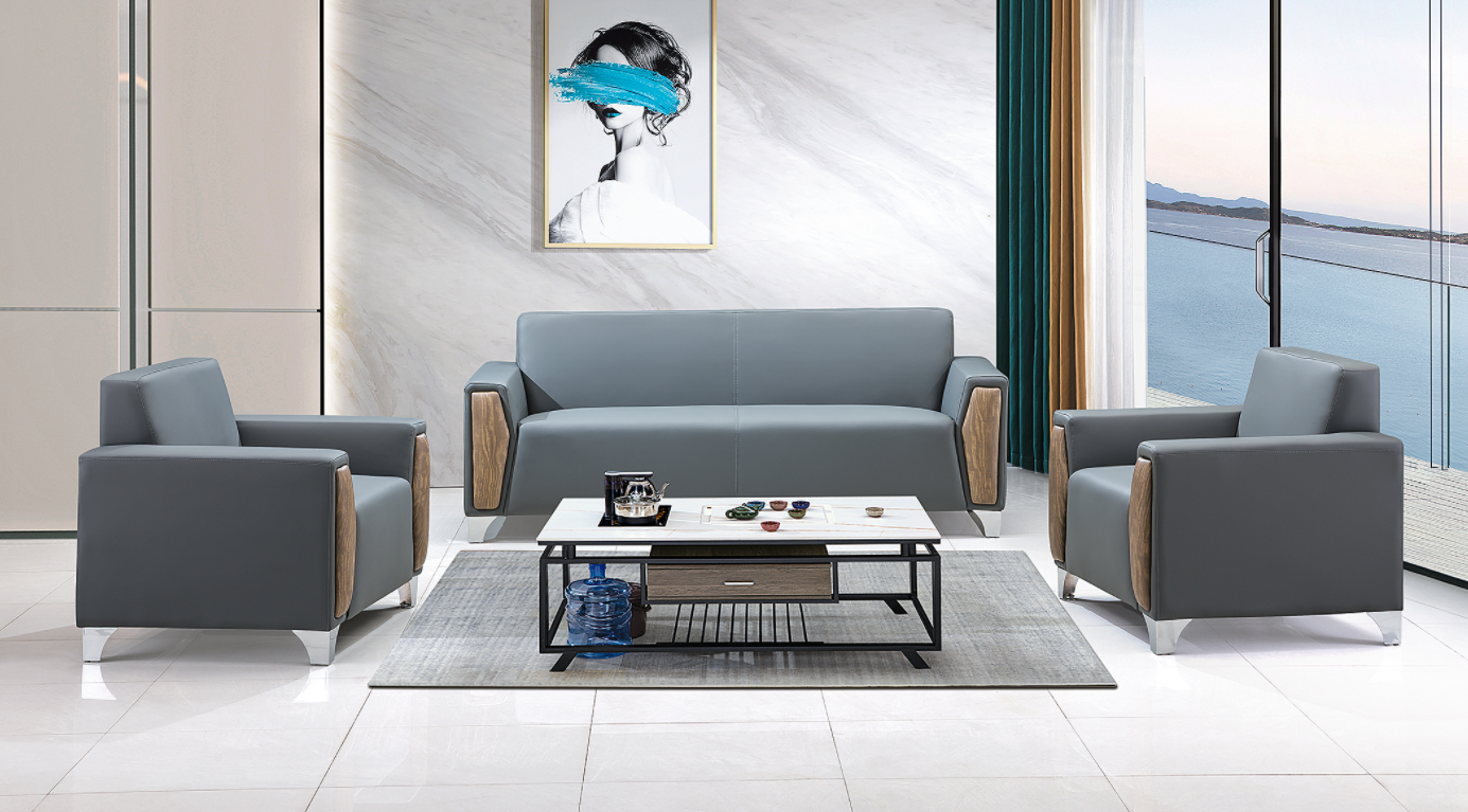 1+1+3 Configuration Grey PU Leather Office Reception Sofa Set with Integrated Kung-Fu Sintered Stone Tea Table