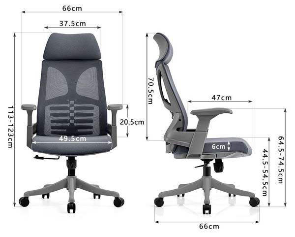 Grey Mesh Ergonomic Office Chair with Adjustable Headrest and Fixed Padded Armrests
