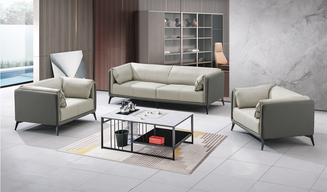 Two-Tone Upholstered Office Lounge Seating Set (3-Seater Sofa + 2 Single Armchairs) and Sintered Stone Tea Table