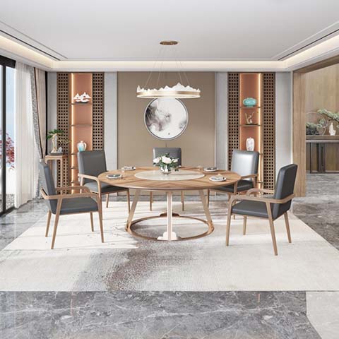8-Seater Round Solid Wood Dining Table with Turntable and Upholstered Armchairs
