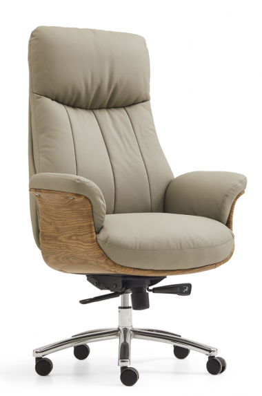 Light Gray Channel-Stitched High-Back Executive Office Chair with Wood Veneer Arm Panels and Chrome 5-Star Base