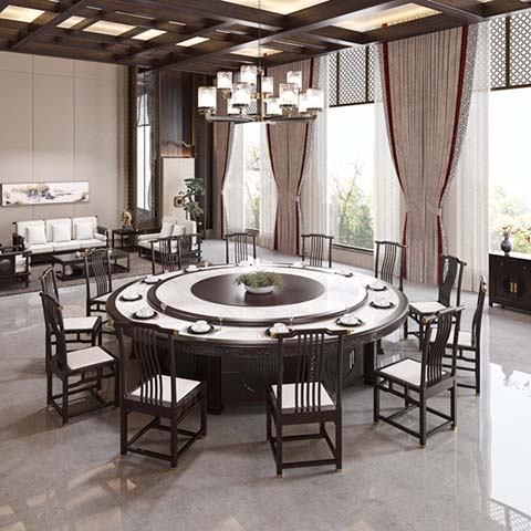 New Chinese Style Large Round Banquet Dining Table with Built-in Rotating Lazy Susan