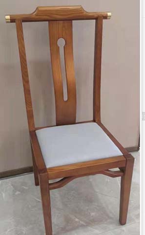 New Chinese Style Solid Wood Armless Dining Side Chair with Keyhole Splat, Upholstered Light Seat and Brass Accents