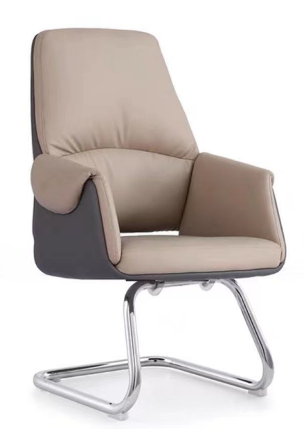 Two-tone Light Beige Upholstered Cantilever Conference Chair with Dark Back Shell and Chrome Sled Base