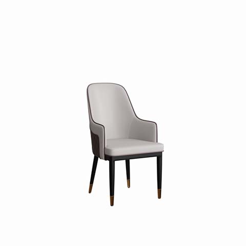 Light Gray Upholstered Dining Armchair with Dark Frame and Brass Leg Caps