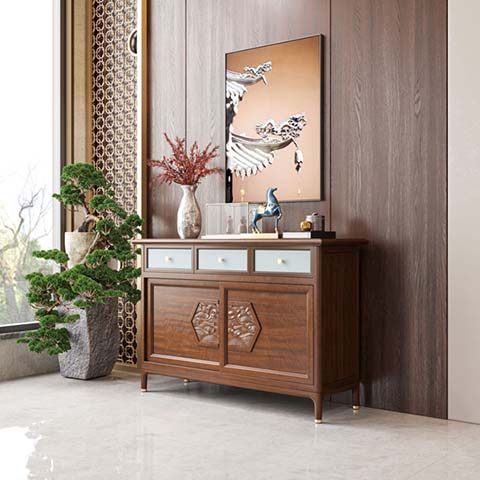 New Chinese Style Walnut Finish Entryway Storage Sideboard with 3 Drawers and 2 Carved Doors