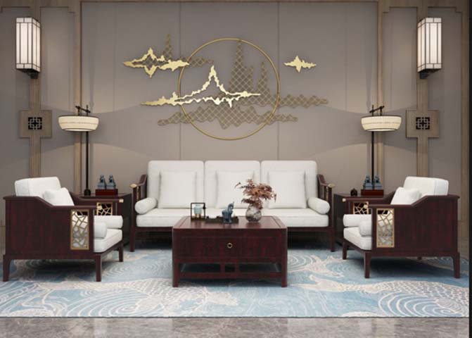 New Chinese Style Solid Wood Frame Upholstered Living Room Sofa Set