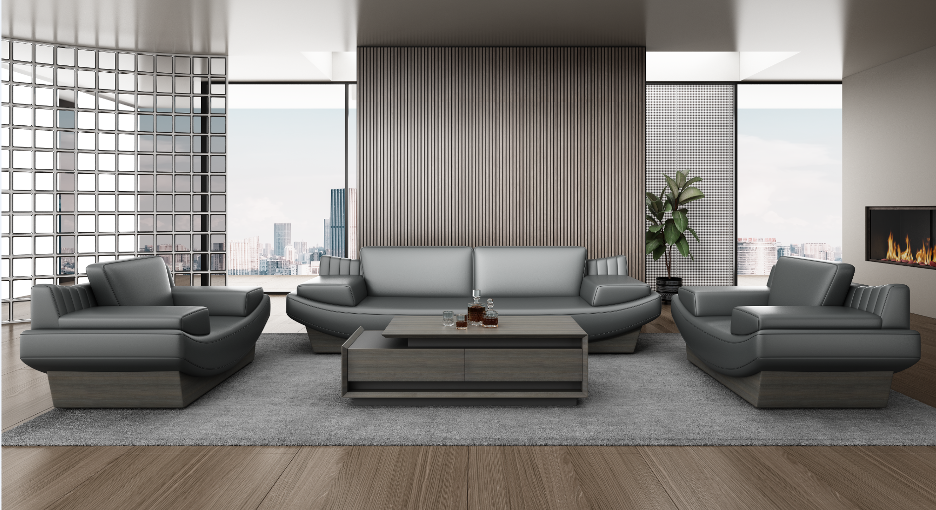 Executive Office Reception Lounge Set (1 Curved 3-Seat Sofa + 2 Single Armchairs + 2-Tier Drawer Coffee Table, Dark Grey Upholstery with Wood Plinth Base)