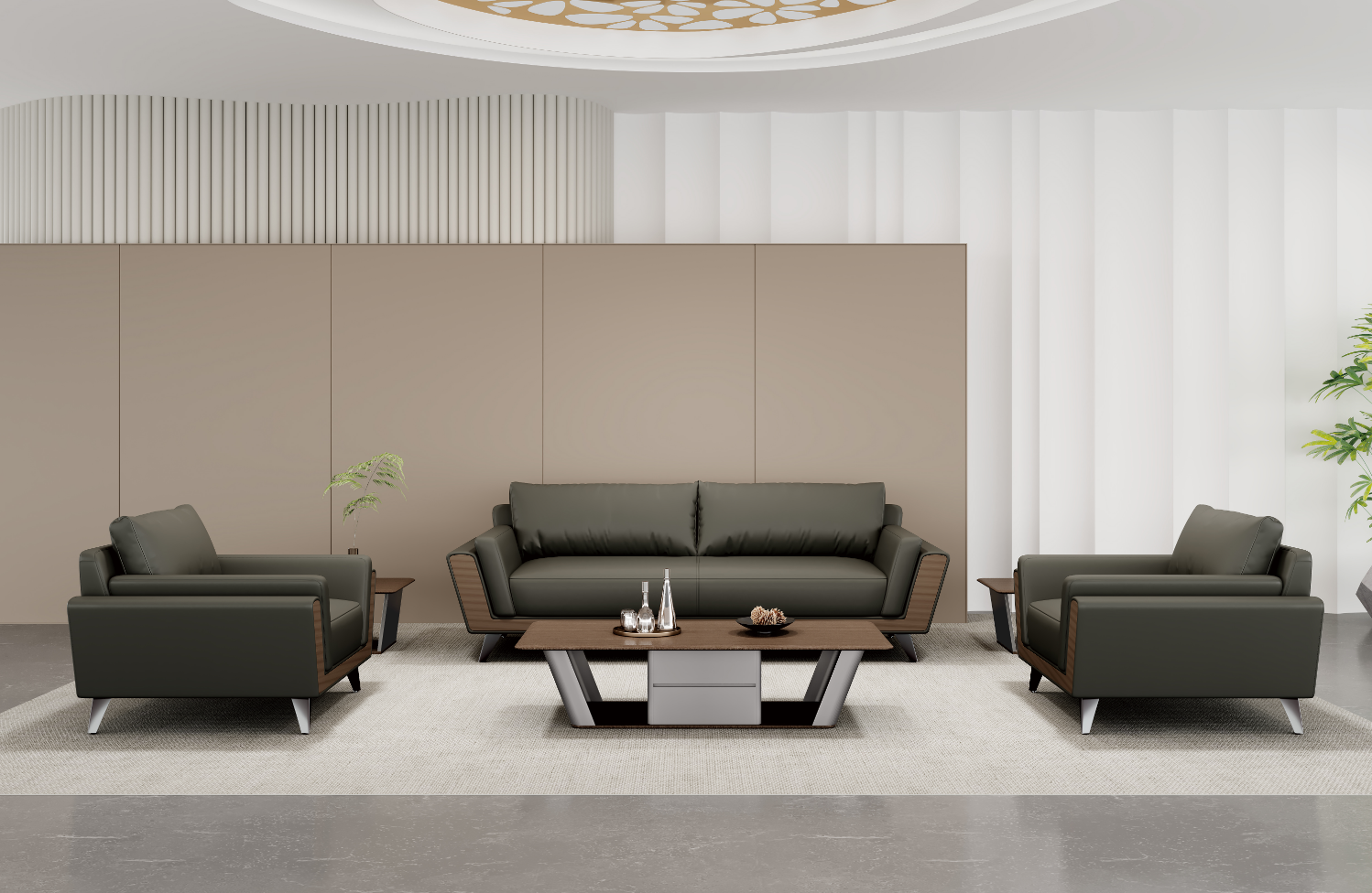 1+1+3 Dark Grey Executive Office Reception Sofa Set with Matching Coffee Table and Side Tables