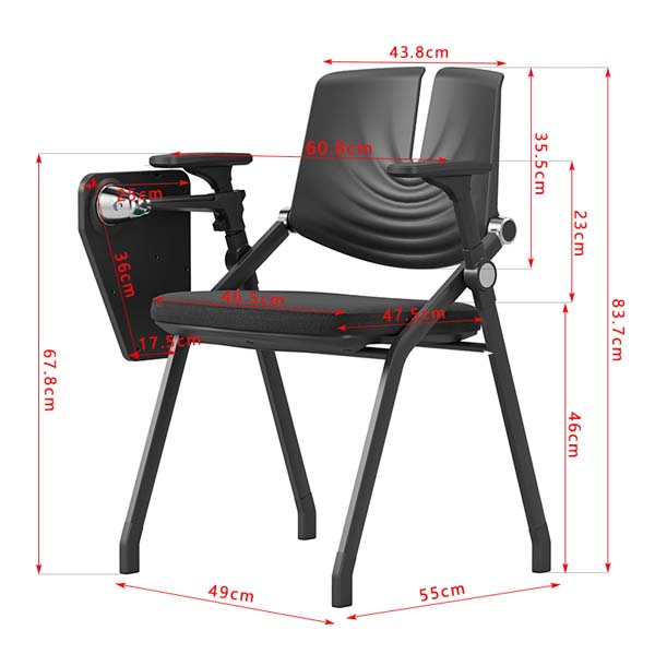 Black Folding Training Chair with Side-Mounted Foldaway Writing Tablet