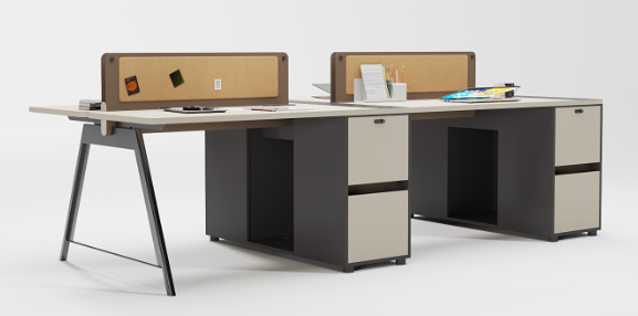 4-Person F-Shaped Office Workstation with Desk Dividers and Integrated Pedestal Storage