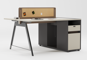L-Shaped Single-Person Office Workstation Desk with Rear Corkboard Privacy Screen, Fixed Right Storage Pedestal and Left Splayed Metal Leg