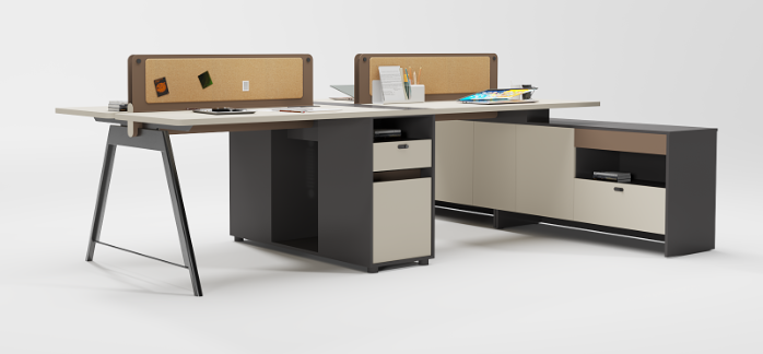 Two-Person Side-by-Side Modular Office Workstation Desk with Integrated Rear Storage Credenza and Cork Privacy Dividers