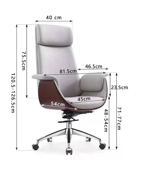 High-Back Light Gray Upholstered Executive Office Chair with Walnut Bentwood Arm Panels, Chrome Swivel Base