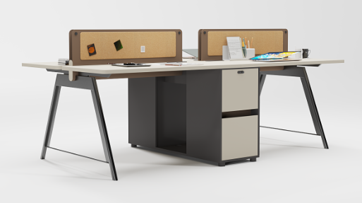 4-Person Face-to-Face Office Bench Workstation with Central Storage Pedestal and Cork Privacy Dividers