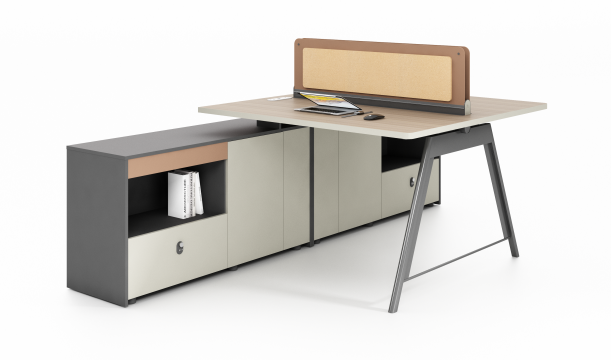 Single Staff Office Workstation Desk with Integrated Side Storage Credenza and Upholstered Privacy Screen