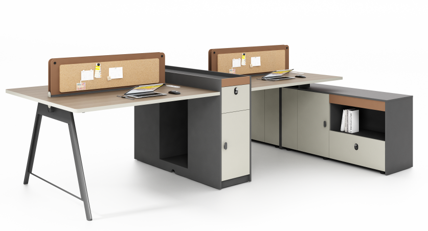 2-Person Side-by-Side Modular Office Workstation with Integrated Cork Pinboard Divider and Side-Return Lockable Storage