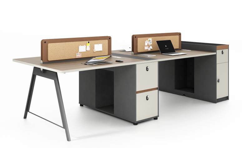 4-Person L-Shaped Bench Office Workstation with Cork Privacy Dividers and Integrated Lockable Storage