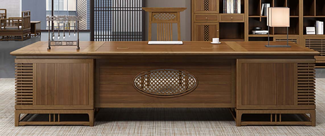 Walnut-Tone New Chinese Style Double-Pedestal Executive Desk