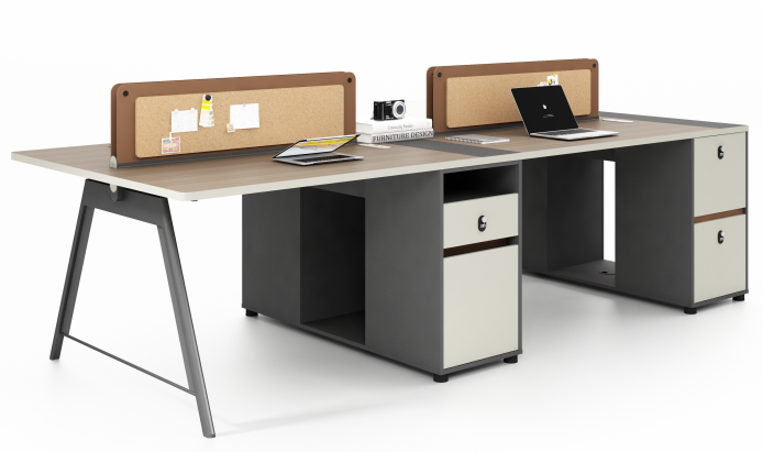 2-Person Side-by-Side Office Bench Workstation with Cork Tack Dividers and Integrated Lockable Storage Pedestals