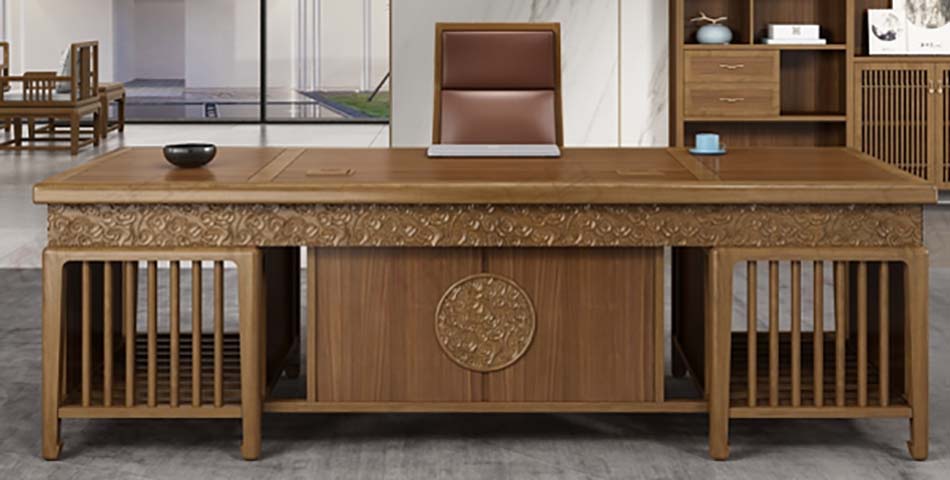 New Chinese Style Carved Solid Wood Executive Desk
