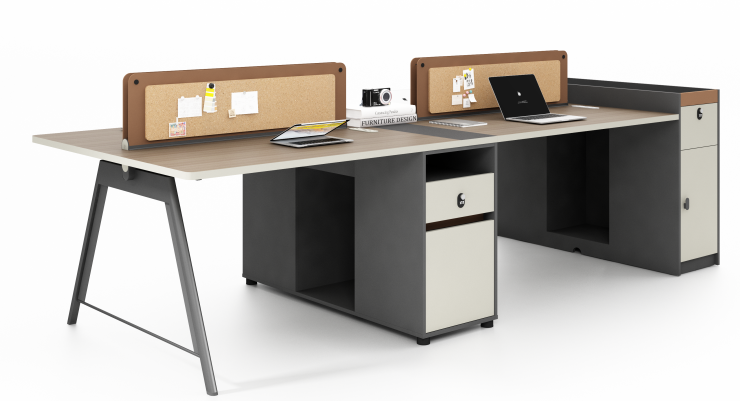 2-Person L-Shaped Office Workstation Desk with Cork Tack Dividers, Integrated Storage and A-Frame Metal Leg