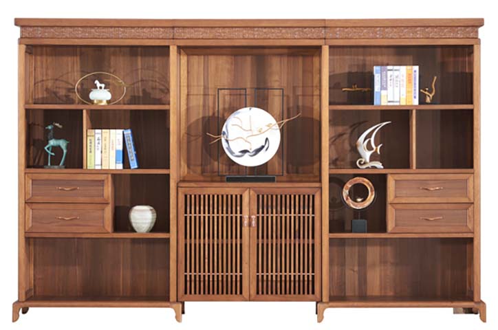 New Chinese Style Three-Bay Solid Wood Display Bookcase with Drawers and Slatted Grille Doors