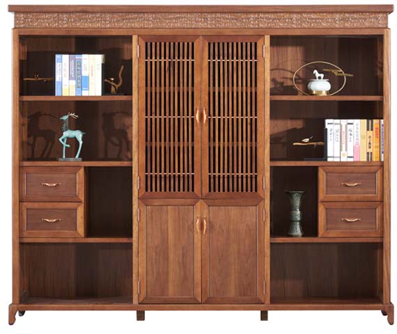 New Chinese Style Symmetrical Solid Wood Display Storage Bookcase with Slatted Doors and Drawers