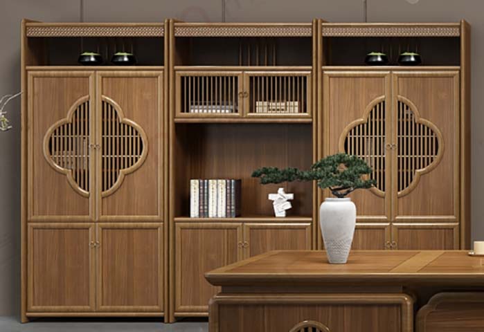 New Chinese-style 3-bay Solid Wood Office Storage Bookcase with Decorative Lattice Grille Doors