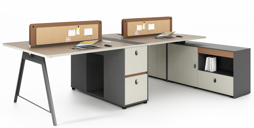 4-Person Facing Workstation Desk with Divider Pinboards and Integrated Storage Pedestals