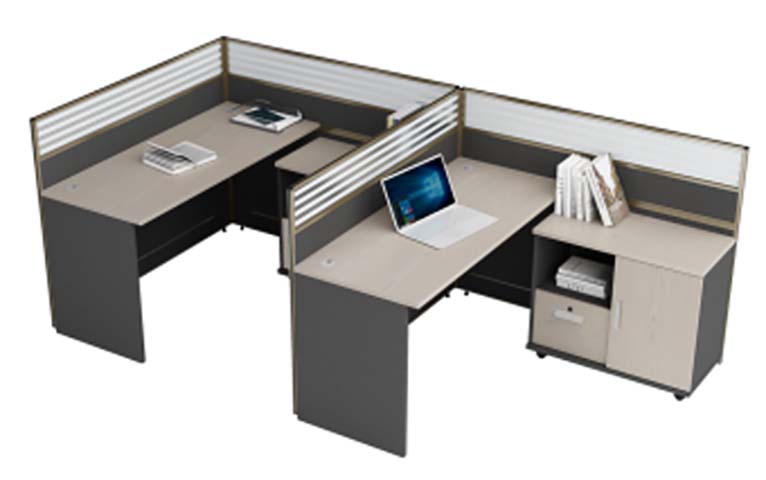 2-Person L-Shaped Modular Office Workstation with Divider Panels and Mobile Pedestals