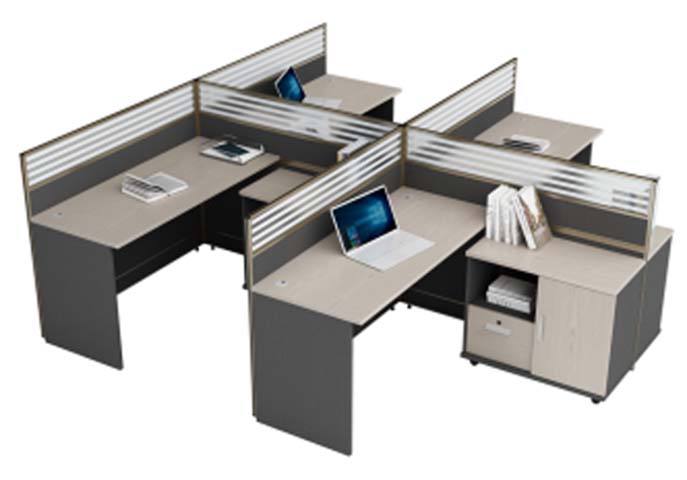 4-Person Cross-Shaped L-Shaped Office Cubicle Workstation with Frosted Strip Partitions and Mobile Storage Cabinets