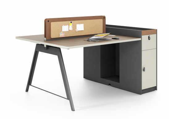 Single-Person Office Workstation Desk with Integrated Cork Privacy Divider and Attached Storage