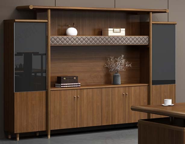 Walnut Finish Executive Office Storage Credenza Hutch with Quilted Accent and Glass Side Cabinets