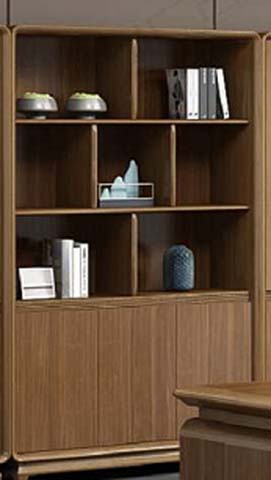 Walnut Finish Freestanding Bookcase with Asymmetrical Open Upper Cubbies and 3 Ribbed Lower Doors
